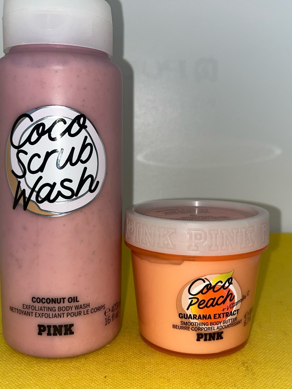VICTORIA'S SECRET PINK COCO SCRUB WASH  BODY WASH AND COCO PEACH SET NEW.